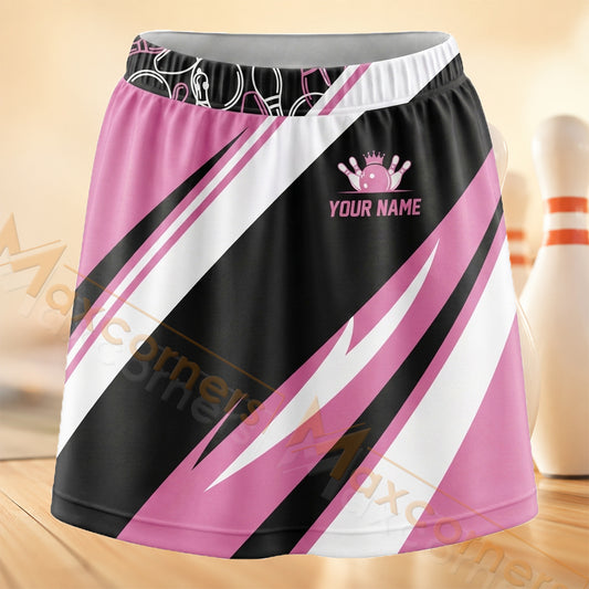 Maxcorners Bowling Pink Black White Motion Stripes Personalized 3D Skort, Skirts With Shorts