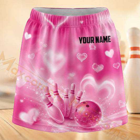 Maxcorners Bowling Pink Heart Strike Personalized 3D Skort, Skirts With Shorts