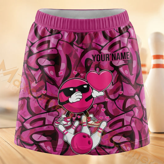 Maxcorners Bowling Pink Abstract Doodle Personalized 3D Skort, Skirts With Shorts