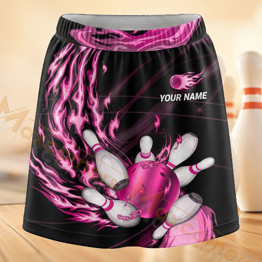 Maxcorners Bowling Pink Flame Pins Personalized 3D Skort, Skirts With Shorts