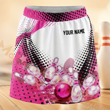 Maxcorners Bowling Pink Halftone Strike Personalized 3D Skort, Skirts With Shorts
