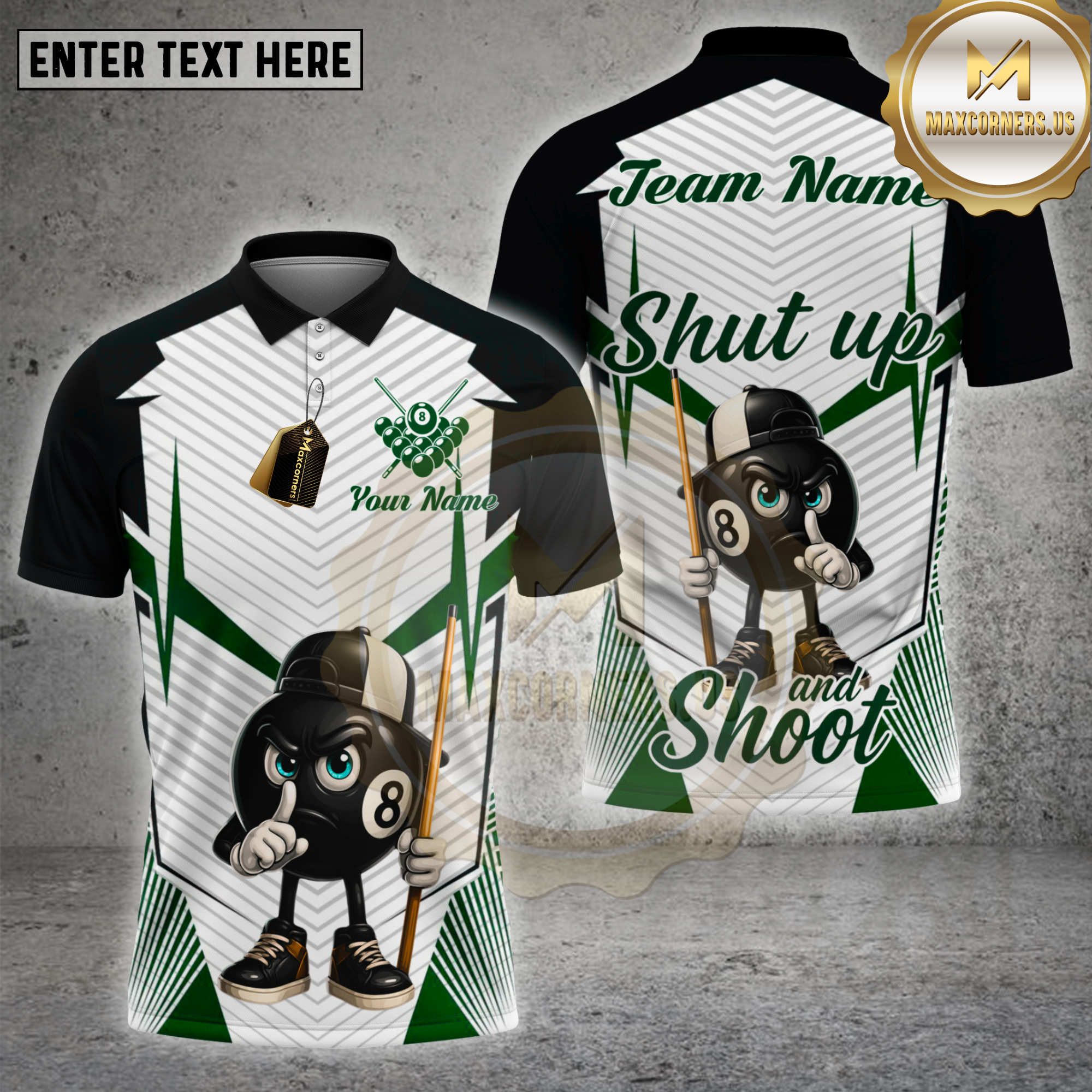 Maxcorners billiards shirt with 8 ball cartoon mascot in cap holding cue, navy and white striped design, Shut Up and Shoot slogan, custom team name and name unisex 3D shirt