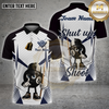 Maxcorners billiards shirt with 8 ball cartoon mascot in cap holding cue, navy and white striped design, Shut Up and Shoot slogan, custom team name and name unisex 3D shirt