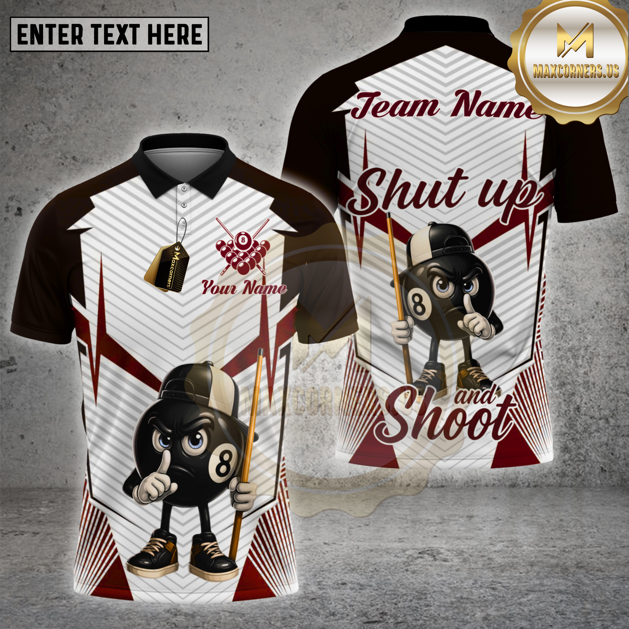 Maxcorners billiards shirt with 8 ball cartoon mascot in cap holding cue, navy and white striped design, Shut Up and Shoot slogan, custom team name and name unisex 3D shirt