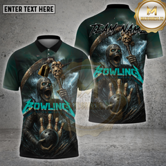 Maxcorners bowling shirt with dark grim reaper holding skull staff and bowling ball, Metallica-style Bowling text, stormy horror background, customizable team name and name 3D shirt