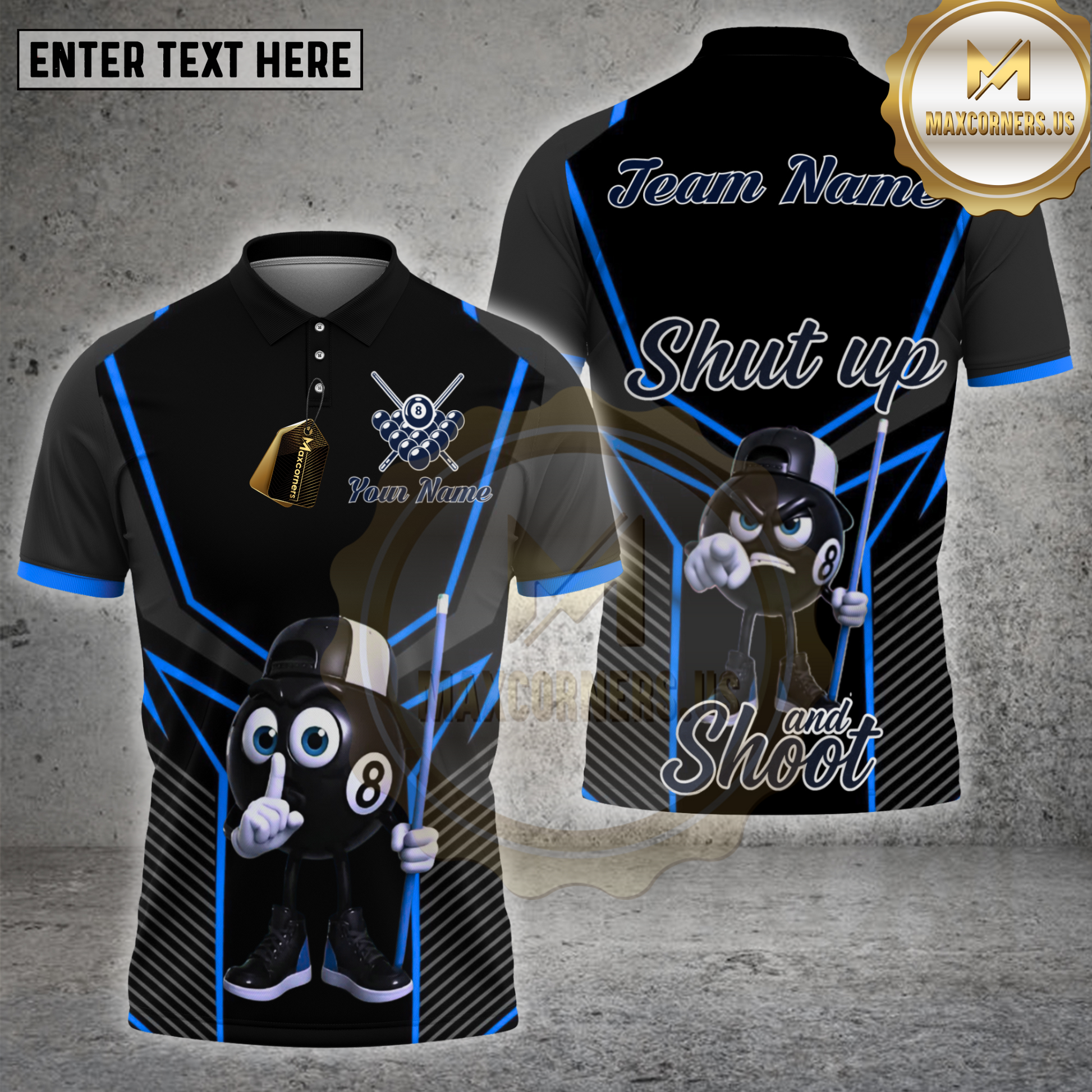 Maxcorners billiards shirt with 8 ball cartoon character holding cue stick, black and orange geometric design, slogan Shut Up and Shoot, personalized team name and name 3D polo shirt