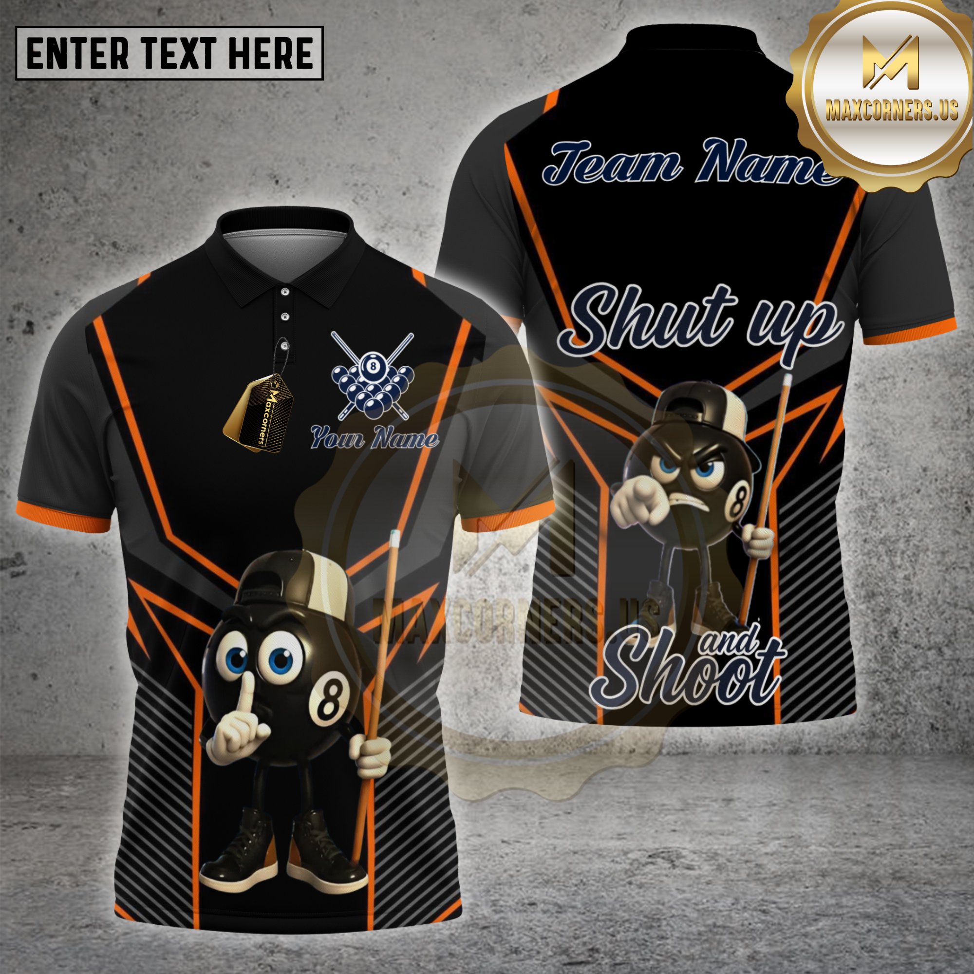 Maxcorners billiards shirt with 8 ball cartoon character holding cue stick, black and orange geometric design, slogan Shut Up and Shoot, personalized team name and name 3D polo shirt