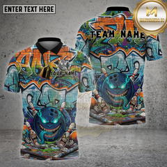 Maxcorners Bowling Shirt Blue Monster Ball Brick Wall Multioptions Personalized Name, Team Name Unisex 3D Shirt (4 Colors)