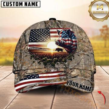 Maxcorners Hunting American Flag Boar Sunrise Farm Scene Camo Custom Name 3D Cap (6 Colors)