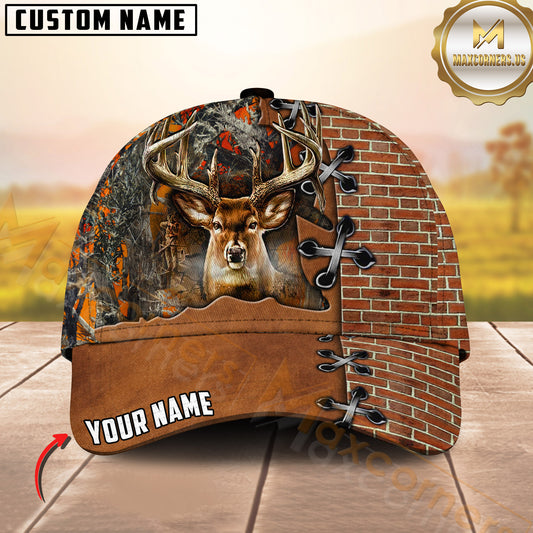 Maxcorners Hunting Buck Deer Brick Wall Blue Forest Leather Lace Custom Name 3D Cap (4 Colors)