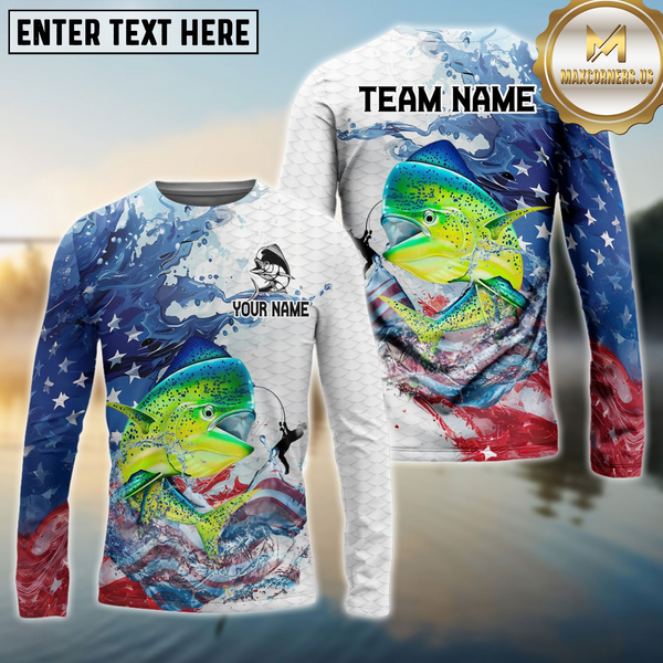 Maxcorners Mahi-mahi Fishing Patriotic American Flag Wave White Skin Custom Name & Team Name 3D Shirts TU1807