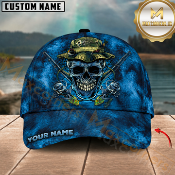 Maxcorners Fishing Skull Reaper Blue Smoke Pattern Customized Name 3D Cap