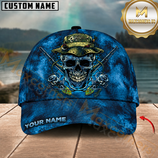 Maxcorners Fishing Skull Reaper Blue Smoke Pattern Customized Name 3D Cap