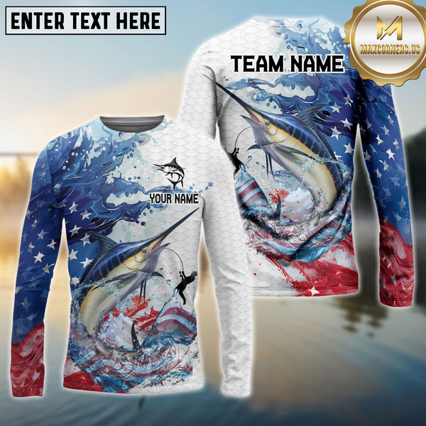 Maxcorners Marlin Fishing Patriotic American Flag Wave White Skin Custom Name & Team Name 3D Shirts TU1807