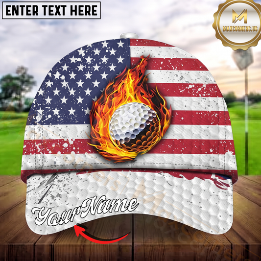 Maxcorners Golf Flaming Ball Patriotic USA Flag Personalized Name 3D Cap