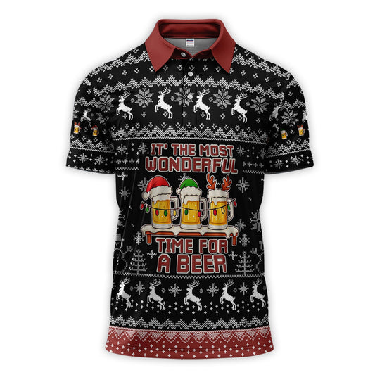 Maxcorners Funny Christmas Beer Pattern Polos, Festive Xmas Drinking Shirt, Holiday Polos Golf Gift For Men