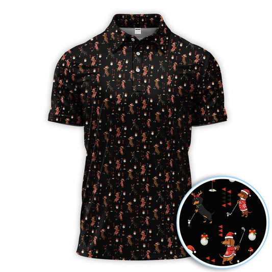Maxcorners Christmas Dachshund Pattern Polos, Funny Xmas Wiener Dog Golf Shirt, Festive Golf Gift For Men