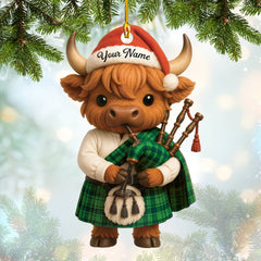 Maxcorners Personalized Scotland Ornament, Highland Cow Christmas Ornament With Bagpipes, Gift For Scottish Lover