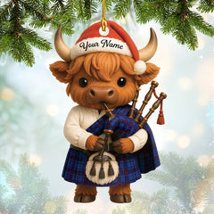Maxcorners Personalized Scotland Ornament, Highland Cow Christmas Ornament With Bagpipes, Gift For Scottish Lover