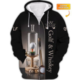 Maxcorners Custom Black & Gold Golf Shirt – Whiskey Dispenser Bottle with Golf Ball Design – Personalized Golf & Whiskey Apparel for Men