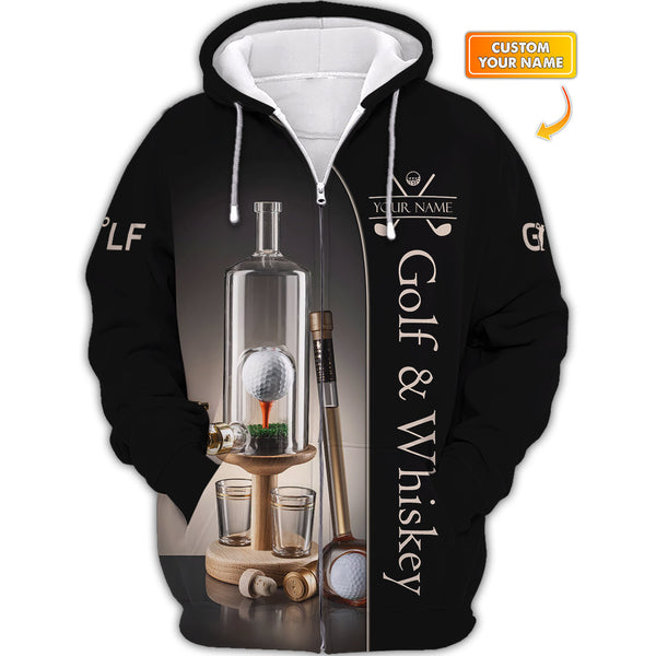 Maxcorners Custom Black & Gold Golf Shirt – Whiskey Dispenser Bottle with Golf Ball Design – Personalized Golf & Whiskey Apparel for Men
