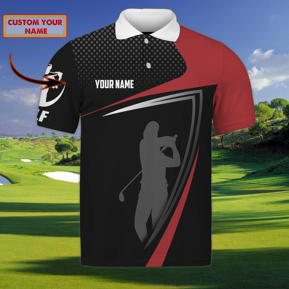 Maxcorners Golf Red Black Customized Name 3D Shirt