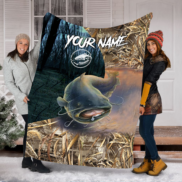 Maxcorners Catfish Fishing Camo Customized Name 3D Quilt - Blanket