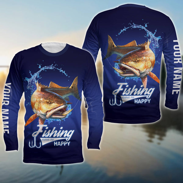 Maxcorners Customized Name 3D Shirts Fishing Makes Me Happy Redfish Puppy Drum Fishing