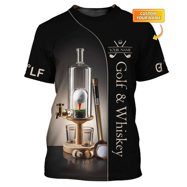 Maxcorners Custom Black & Gold Golf Shirt – Whiskey Dispenser Bottle with Golf Ball Design – Personalized Golf & Whiskey Apparel for Men