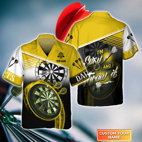 Maxcorners Darts I'M Sexy And I Throw It Yellow Pattern Customized Name 3D Hawaiian Shirt