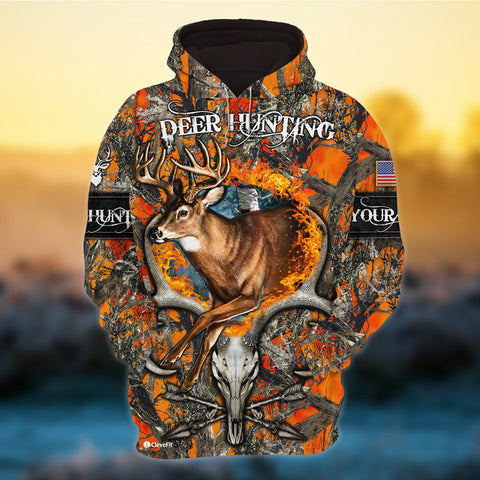 Maxcorners Premium Unique Fire Skull Deer Hunting Camo Personalized Name 3D Shirt