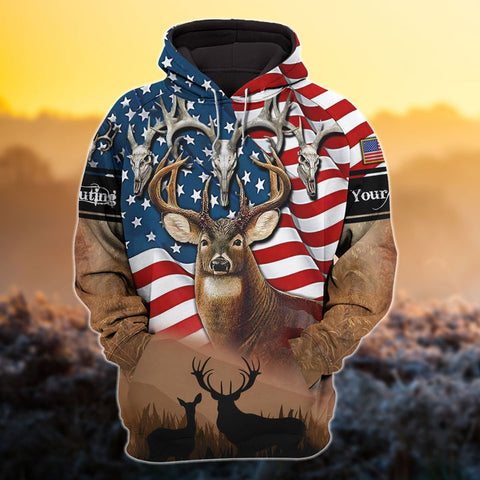 Maxcorners Custom Name US Flag Deer Hunting 3D All Over Printed Clothes