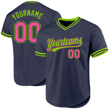 Maxcorners Custom Navy Pink-Neon Green Authentic Throwback Baseball Jersey LM2605