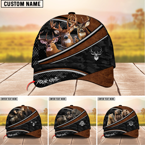 Maxcorners Trio Hunting Leather & Camo Pattern Personalized Name 3D Cap (Deer/Moose/Bear/Boar)