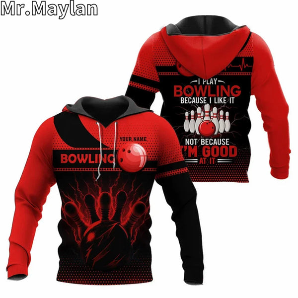 Maxcorners Bowling Red Pattern Ball And Pins Digital Customized Name 3D Hoodie