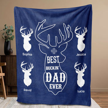 Maxcorners Personalized Hunting Dad Blanket, Custom Kid's Names Soft Cozy Sherpa Fleece Throw Blankets, Best Buckin Dad Ever, Gift for Dad, Grandpa | Blue

 LM1711