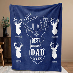 Maxcorners Personalized Hunting Dad Blanket, Custom Kid's Names Soft Cozy Sherpa Fleece Throw Blankets, Best Buckin Dad Ever, Gift for Dad, Grandpa | Blue LM1711