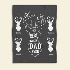 Maxcorners Personalized Hunting Dad Blanket, Custom Kid's Names Soft Cozy Sherpa Fleece Throw Blankets, Best Buckin Dad Ever, Gift for Dad, Grandpa | Grey LM1711