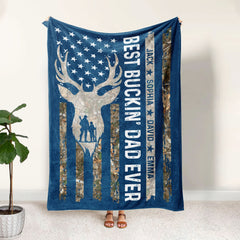 Maxcorners Personalized Hunting Dad Blanket, Custom Kids Names Soft Cozy Sherpa Fleece Throw Blankets, Deer Blanket, Fathers Day Gift for Dad, Grandpa | Blue LM1711
