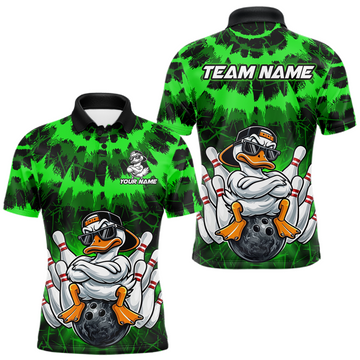 Maxcorners Custom Green Funny Duck Bowling Jersey for Men Bowling Uniform Polo & 1/4 Zip Bowling Team Shirts