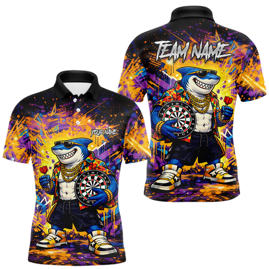 Maxcorners Custom Funny Shark Dart Shirts for Men Darts Team Jerseys Dart Tournament Polo & 1/4 Zip LM0602