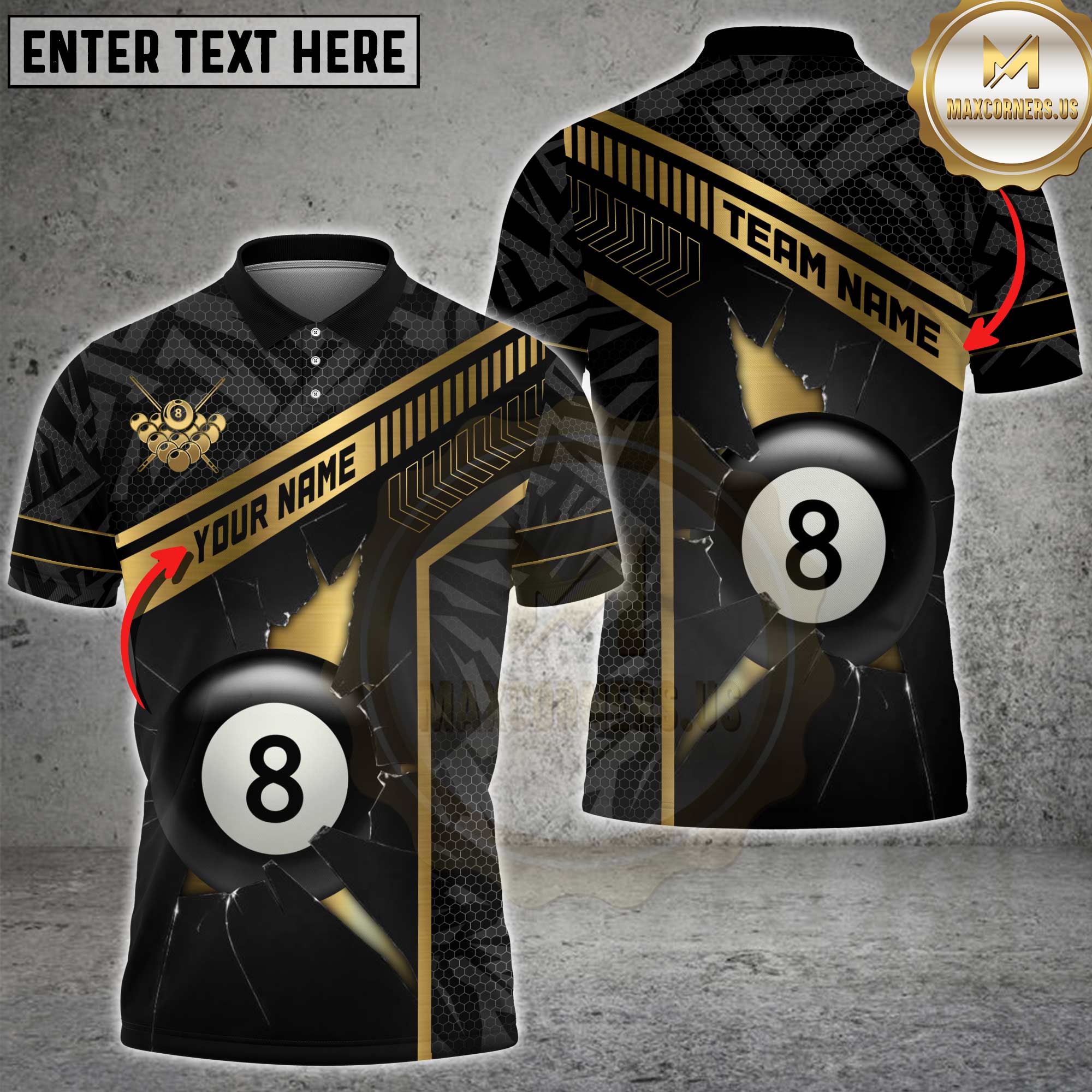 Maxcorners billiard shirt with gold strike line graphic, personalized unisex 3D shirt for players and teams