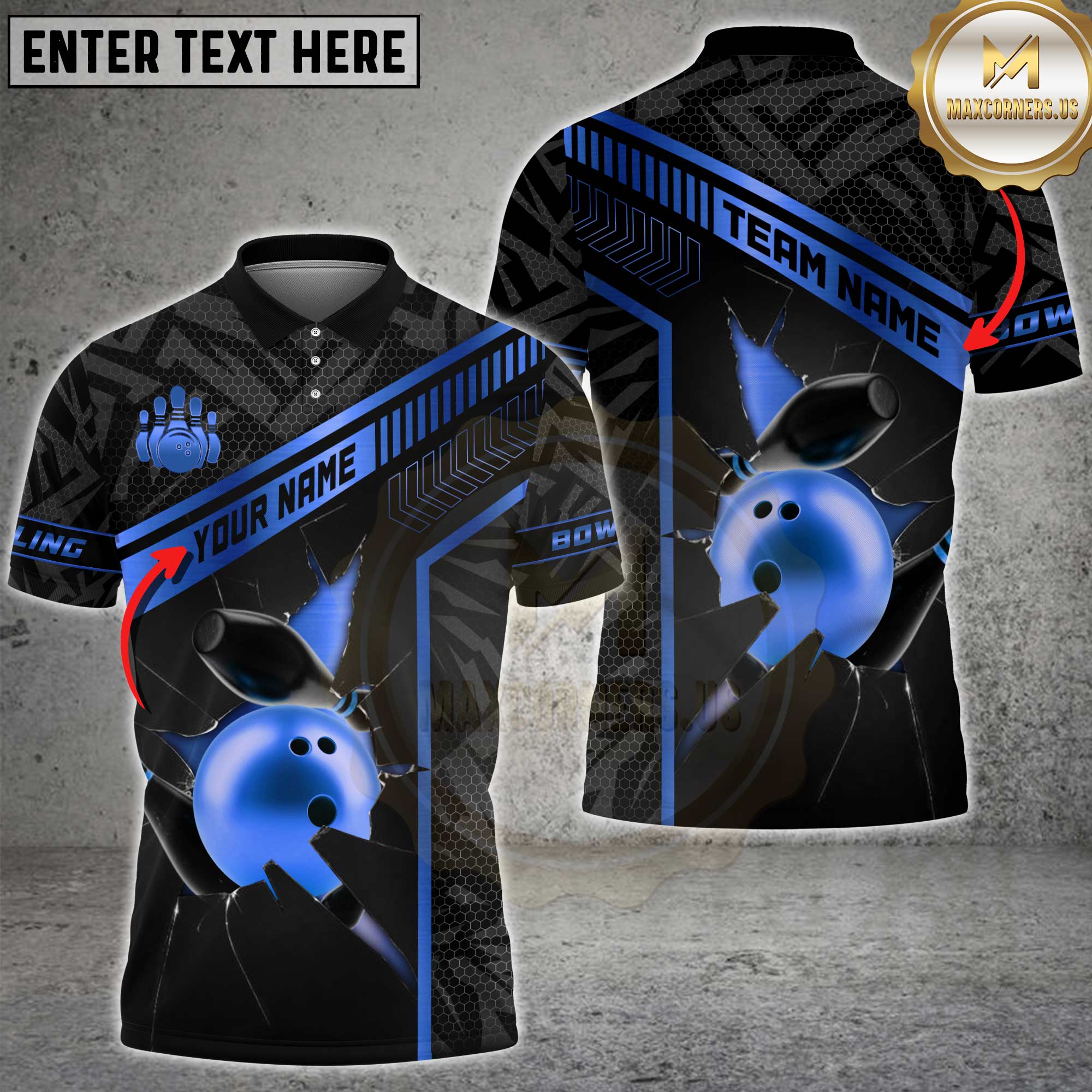 Maxcorners bowling shirt featuring gold strike line pattern, unisex 3D polo with custom name and team option