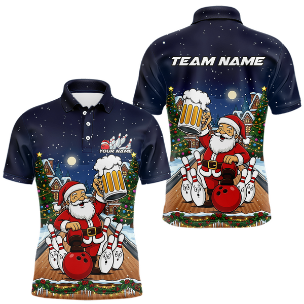 Maxcorners Custom Funny Beer Santa Christmas Bowling Jersey for Men Bowling Team Shirts Polo & 1/4 Zip LM0611