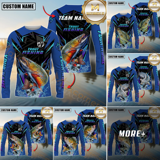 Maxcorners Freshwater Fish Fishing Neon Sport Jersey Style Personalized Name, Team Name Long Sleeve Shirt (6 Breeds)