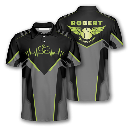 Maxcorners Tennis Heartbeat Pulse Line Custom Polo Tennis Shirts for Men