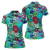 Maxcorners Blue Green Retro Flower Power Golf Shirt, Women’s Golf Polo, Hawaiian Golf Shirt, Golf Tops For Women LM1507