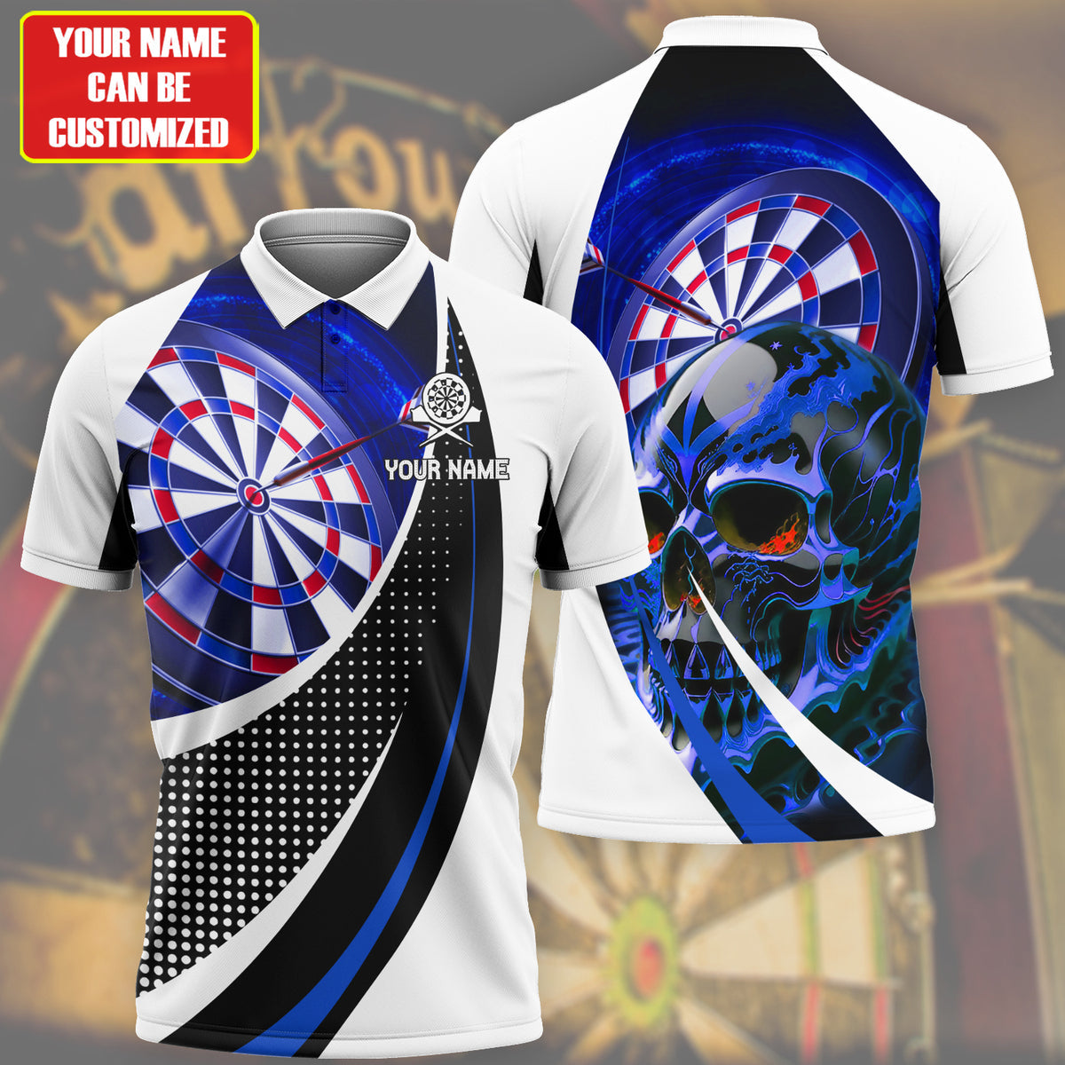 MaxCorners Darts Blue SkullCustomized Name 3D Polo Shirt For Men