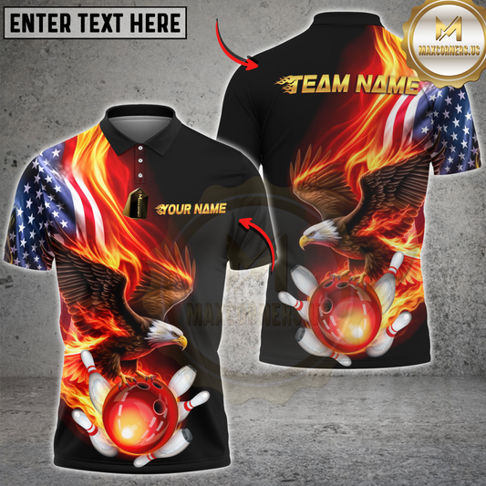 Maxcorners Bowling Flaming Eagle USA Flag Bowling Ball & Pins Personalized Name, Team Name 3D Shirt