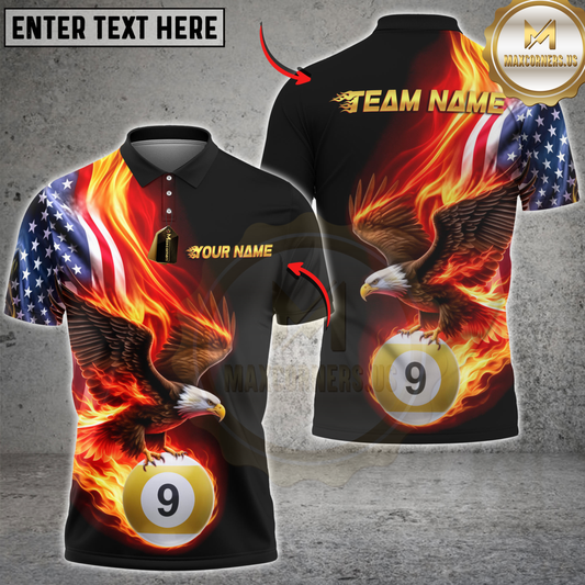 Maxcorners Billiards Flaming Eagle USA Flag 9 Ball Personalized Name, Team Name 3D Shirt